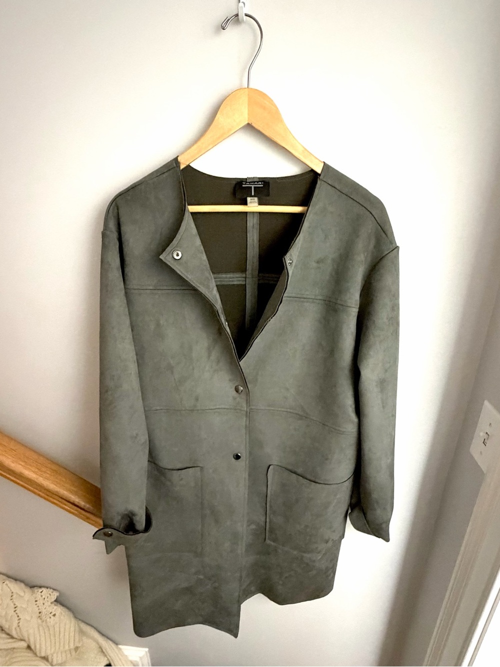 T Tahari Faux Suede Minimalist Gray Long Coat